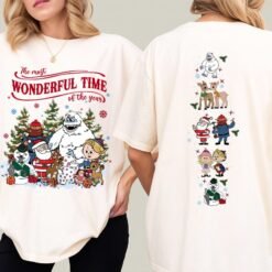 Beige retro Rudolph The Red-Nosed Reindeer Christmas hoodie with sleeve prints, featuring Bumble, Santa, and "The most wonderful time of the year" quote