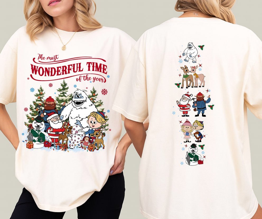 Beige retro Rudolph The Red-Nosed Reindeer Christmas hoodie with sleeve prints, featuring Bumble, Santa, and "The most wonderful time of the year" quote
