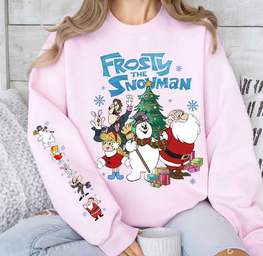 Vintage Frosty The Snowman Christmas Shirt & Sleeve Print Sweatshirt, Retro Holiday Sweater, Frosty and Friends Graphic Tee - Image 5