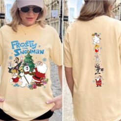 Green retro Frosty The Snowman Christmas sweatshirt with sleeve prints, and beige graphic t-shirt featuring Frosty, Santa, and friends with matching back print