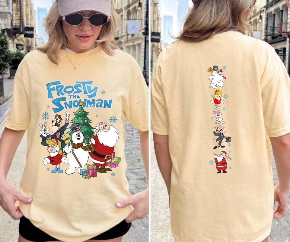 Green retro Frosty The Snowman Christmas sweatshirt with sleeve prints, and beige graphic t-shirt featuring Frosty, Santa, and friends with matching back print