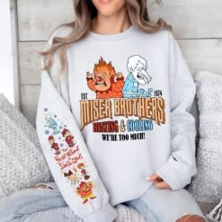 Retro Miser Brothers Heating and Cooling Christmas sweatshirt with sleeve print featuring Heat Miser and Snow Miser design