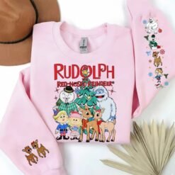 Light grey retro Rudolph The Red-Nosed Reindeer Christmas sweatshirt featuring classic characters on the front and festive sleeve prints