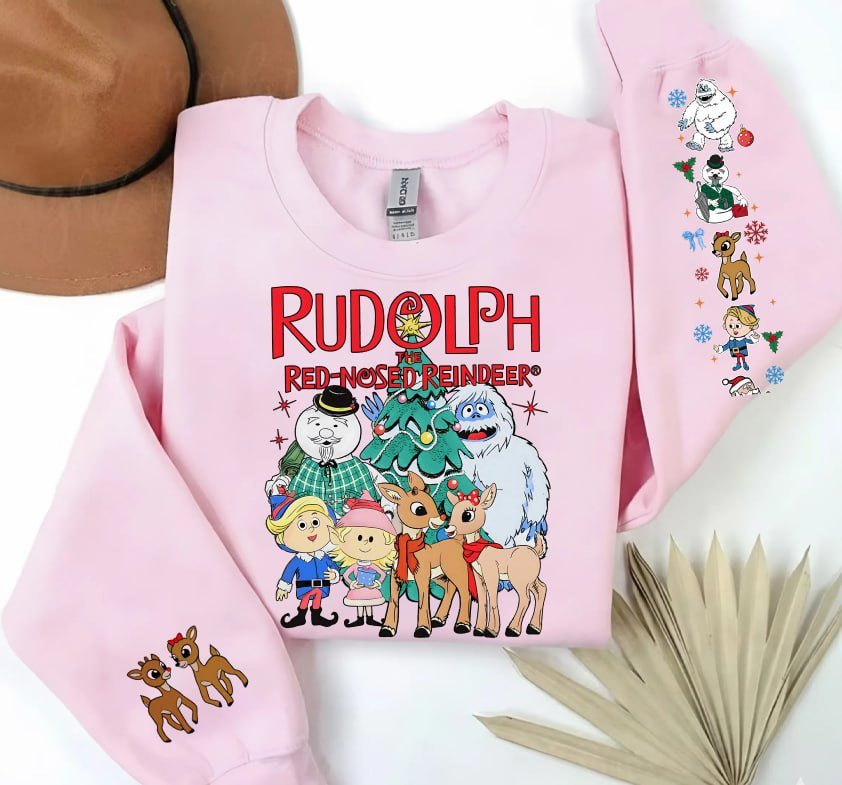 Light grey retro Rudolph The Red-Nosed Reindeer Christmas sweatshirt featuring classic characters on the front and festive sleeve prints