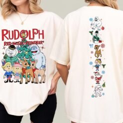 Light grey retro Rudolph The Red-Nosed Reindeer Christmas sweatshirt featuring classic characters on the front and festive sleeve prints