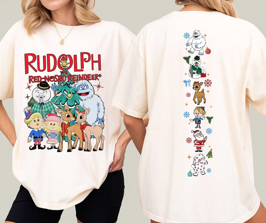 Light grey retro Rudolph The Red-Nosed Reindeer Christmas sweatshirt featuring classic characters on the front and festive sleeve prints