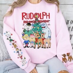 Light grey retro Rudolph The Red-Nosed Reindeer Christmas sweatshirt featuring classic characters on the front and festive sleeve prints