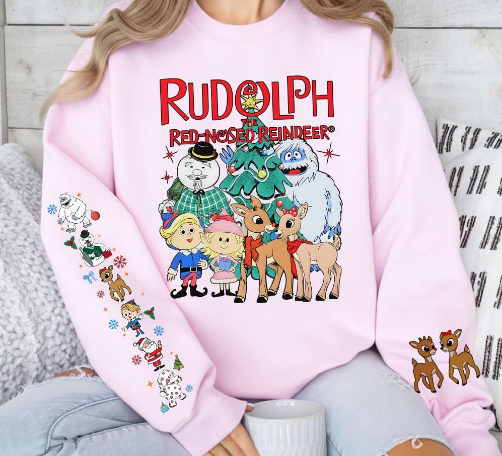 Light grey retro Rudolph The Red-Nosed Reindeer Christmas sweatshirt featuring classic characters on the front and festive sleeve prints