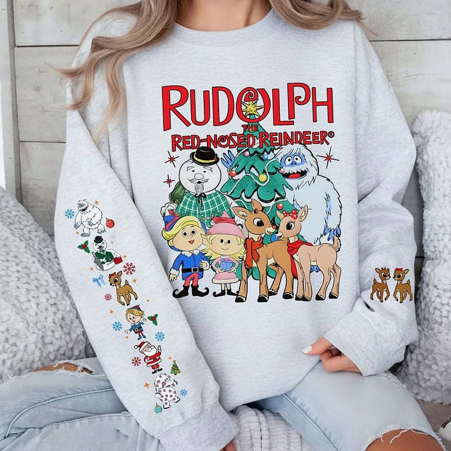 Vintage Rudolph The Red-Nosed Reindeer Sleeve Print Christmas Sweatshirt