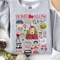Cream retro Christmas sweatshirt featuring a Home Alone movie collage with Kevin McCallister, the Wet Bandits, and famous quotes like Merry Christmas Ya Filthy Animal