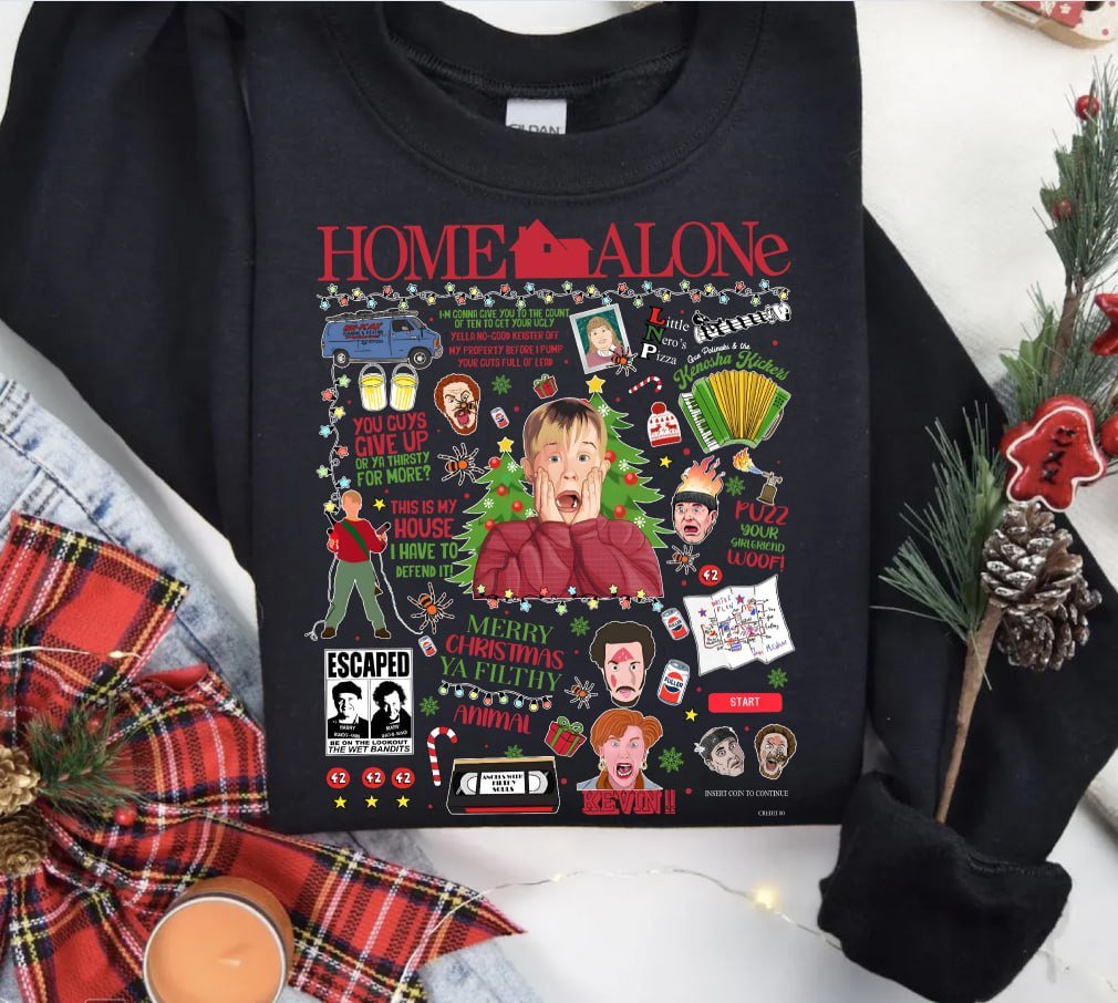 Cream retro Christmas sweatshirt featuring a Home Alone movie collage with Kevin McCallister, the Wet Bandits, and famous quotes like Merry Christmas Ya Filthy Animal