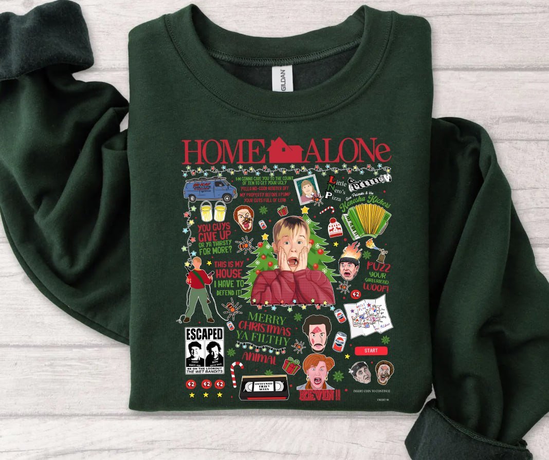 Cream retro Christmas sweatshirt featuring a Home Alone movie collage with Kevin McCallister, the Wet Bandits, and famous quotes like Merry Christmas Ya Filthy Animal