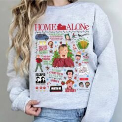 Cream retro Christmas sweatshirt featuring a Home Alone movie collage with Kevin McCallister, the Wet Bandits, and famous quotes like Merry Christmas Ya Filthy Animal