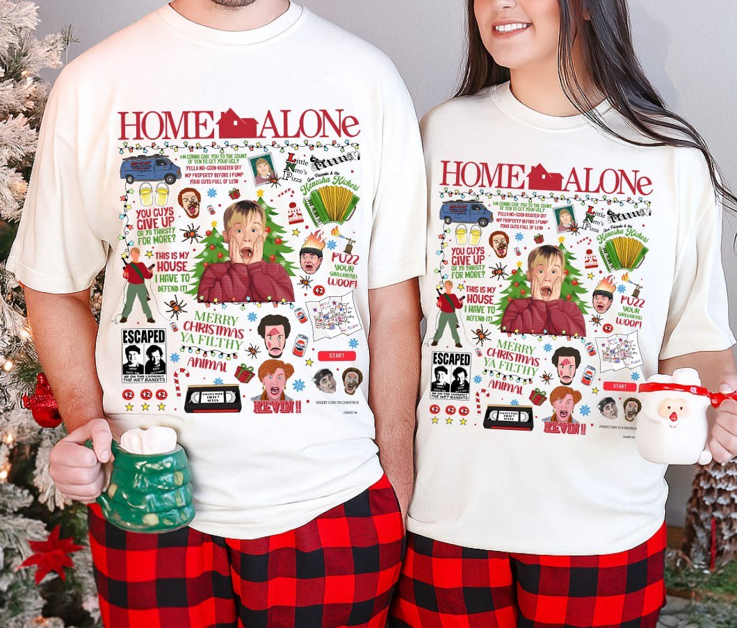 Cream retro Christmas sweatshirt featuring a Home Alone movie collage with Kevin McCallister, the Wet Bandits, and famous quotes like Merry Christmas Ya Filthy Animal