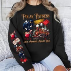 Light grey retro Polar Express Christmas sweatshirt featuring a vintage train, golden ticket, hot cocoa, and matching festive sleeve prints
