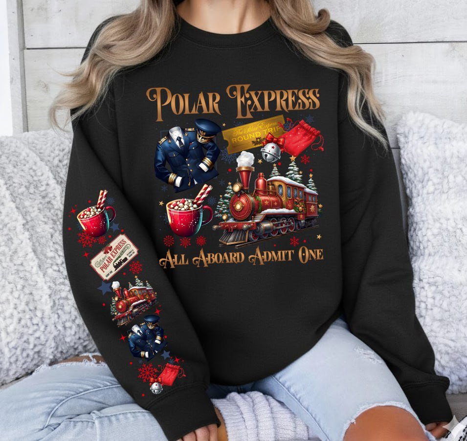 Light grey retro Polar Express Christmas sweatshirt featuring a vintage train, golden ticket, hot cocoa, and matching festive sleeve prints