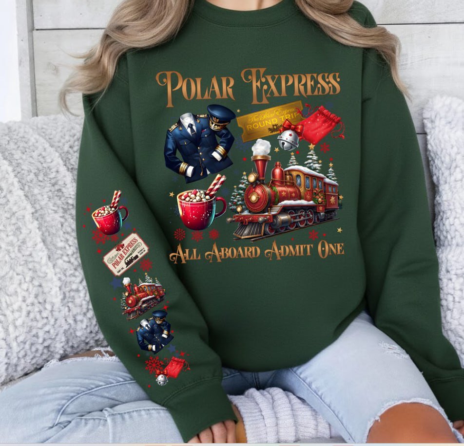 Light grey retro Polar Express Christmas sweatshirt featuring a vintage train, golden ticket, hot cocoa, and matching festive sleeve prints