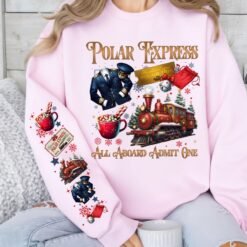 Light grey retro Polar Express Christmas sweatshirt featuring a vintage train, golden ticket, hot cocoa, and matching festive sleeve prints