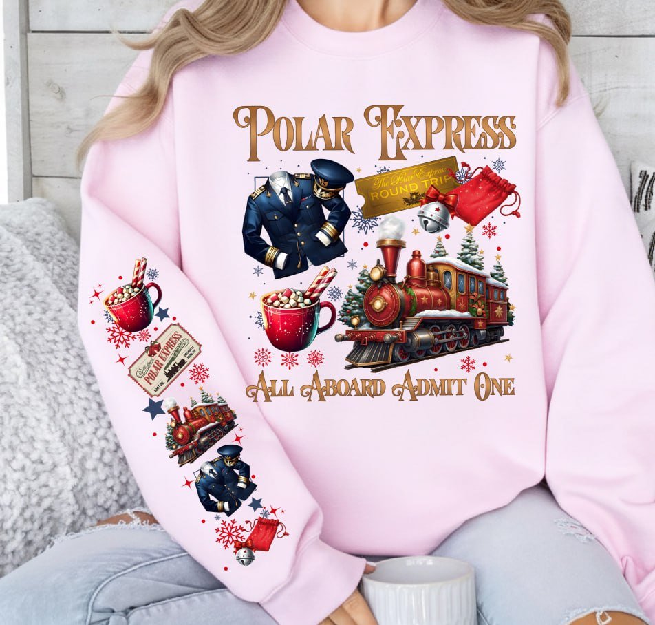 Light grey retro Polar Express Christmas sweatshirt featuring a vintage train, golden ticket, hot cocoa, and matching festive sleeve prints