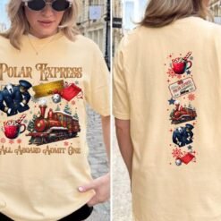 Light grey retro Polar Express Christmas sweatshirt featuring a vintage train, golden ticket, hot cocoa, and matching festive sleeve prints
