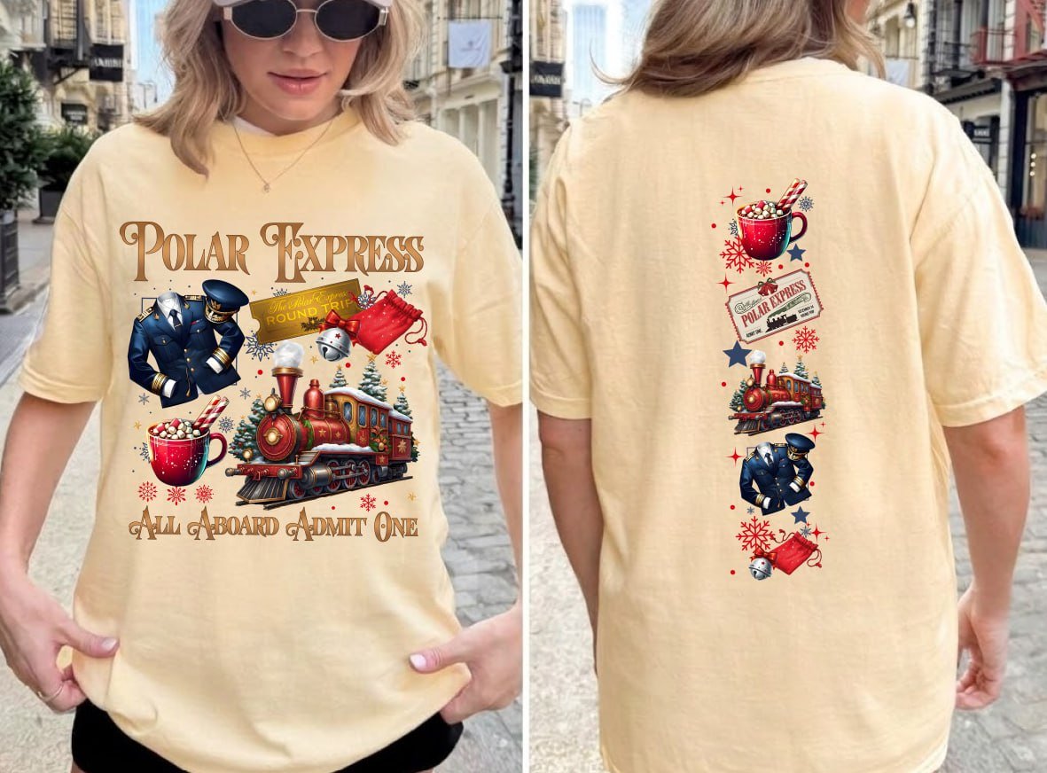 Light grey retro Polar Express Christmas sweatshirt featuring a vintage train, golden ticket, hot cocoa, and matching festive sleeve prints
