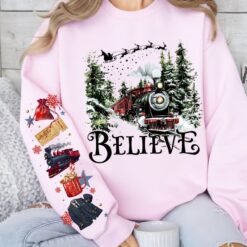 Believe Christmas Sweatshirt, Polar Express Sleeve Print Sweater, Vintage Train Holiday Shirt - Image 6