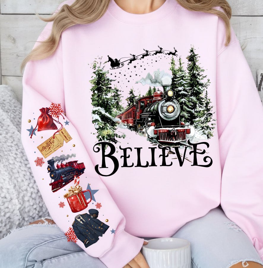 Believe Christmas Sweatshirt, Polar Express Sleeve Print Sweater, Vintage Train Holiday Shirt - Image 6