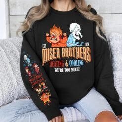 Light grey retro Christmas sweatshirt featuring Heat Miser and Snow Miser, Miser Brothers Heating and Cooling graphic, and character sleeve prints