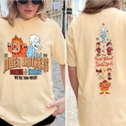 Light grey retro Christmas sweatshirt featuring Heat Miser and Snow Miser, Miser Brothers Heating and Cooling graphic, and character sleeve prints