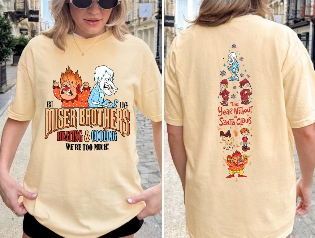 Light grey retro Christmas sweatshirt featuring Heat Miser and Snow Miser, Miser Brothers Heating and Cooling graphic, and character sleeve prints
