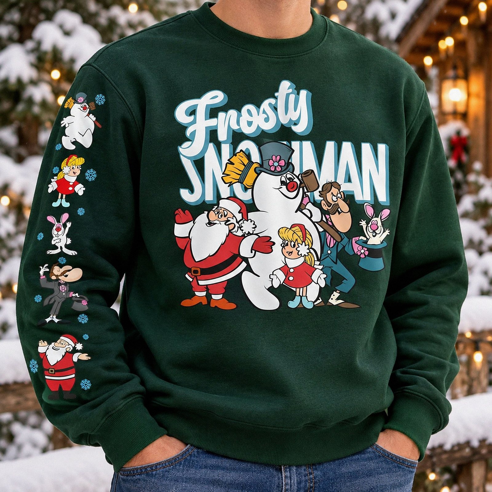 Frosty The Snowman Christmas crewneck sweatshirt featuring vintage holiday graphics on the front and sleeve