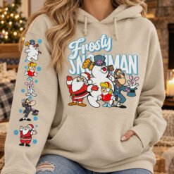 Beige Frosty The Snowman Christmas hoodie with a retro front graphic and festive character sleeve print