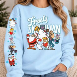 Frosty The Snowman Christmas crewneck sweatshirt featuring vintage holiday graphics on the front and sleeve
