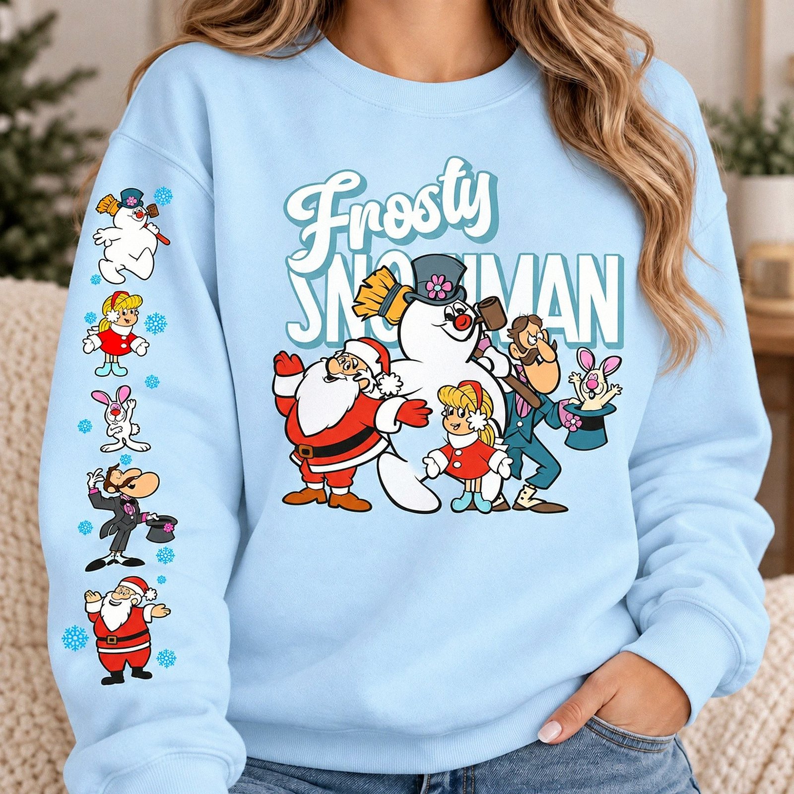 Frosty The Snowman Christmas crewneck sweatshirt featuring vintage holiday graphics on the front and sleeve
