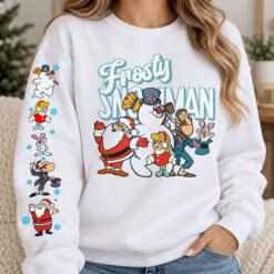 Beige Frosty The Snowman Christmas hoodie with a retro front graphic and festive character sleeve print