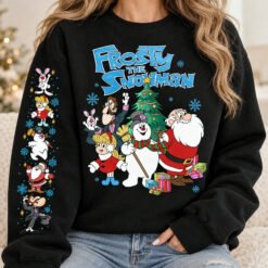 Black Frosty The Snowman Christmas sweatshirt with detailed sleeve print featuring Santa Claus and retro holiday characters