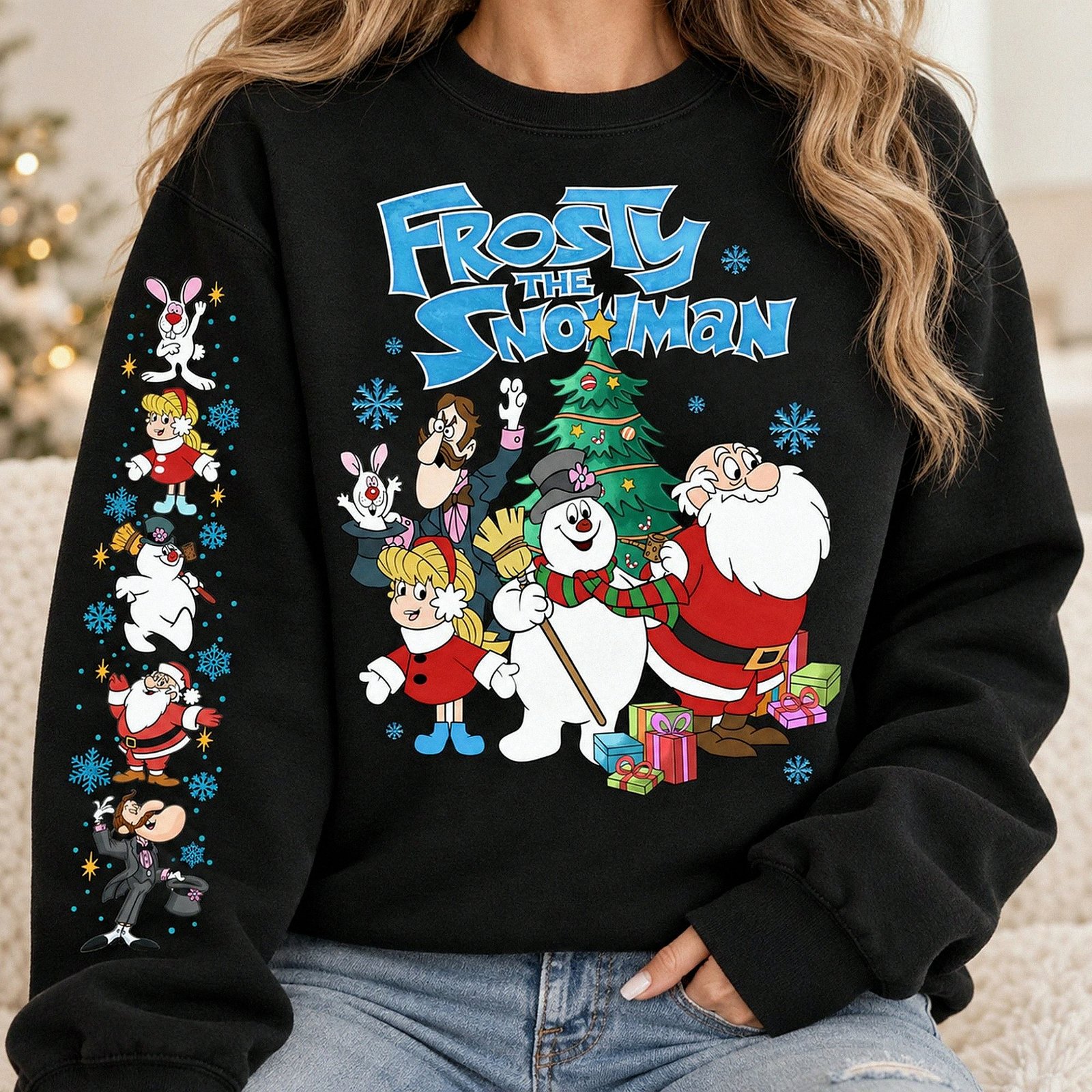 Black Frosty The Snowman Christmas sweatshirt with detailed sleeve print featuring Santa Claus and retro holiday characters