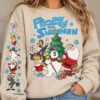 Black Frosty The Snowman Christmas sweatshirt with detailed sleeve print featuring Santa Claus and retro holiday characters