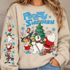 Black Frosty The Snowman Christmas sweatshirt with detailed sleeve print featuring Santa Claus and retro holiday characters