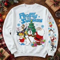 Black Frosty The Snowman Christmas sweatshirt with detailed sleeve print featuring Santa Claus and retro holiday characters
