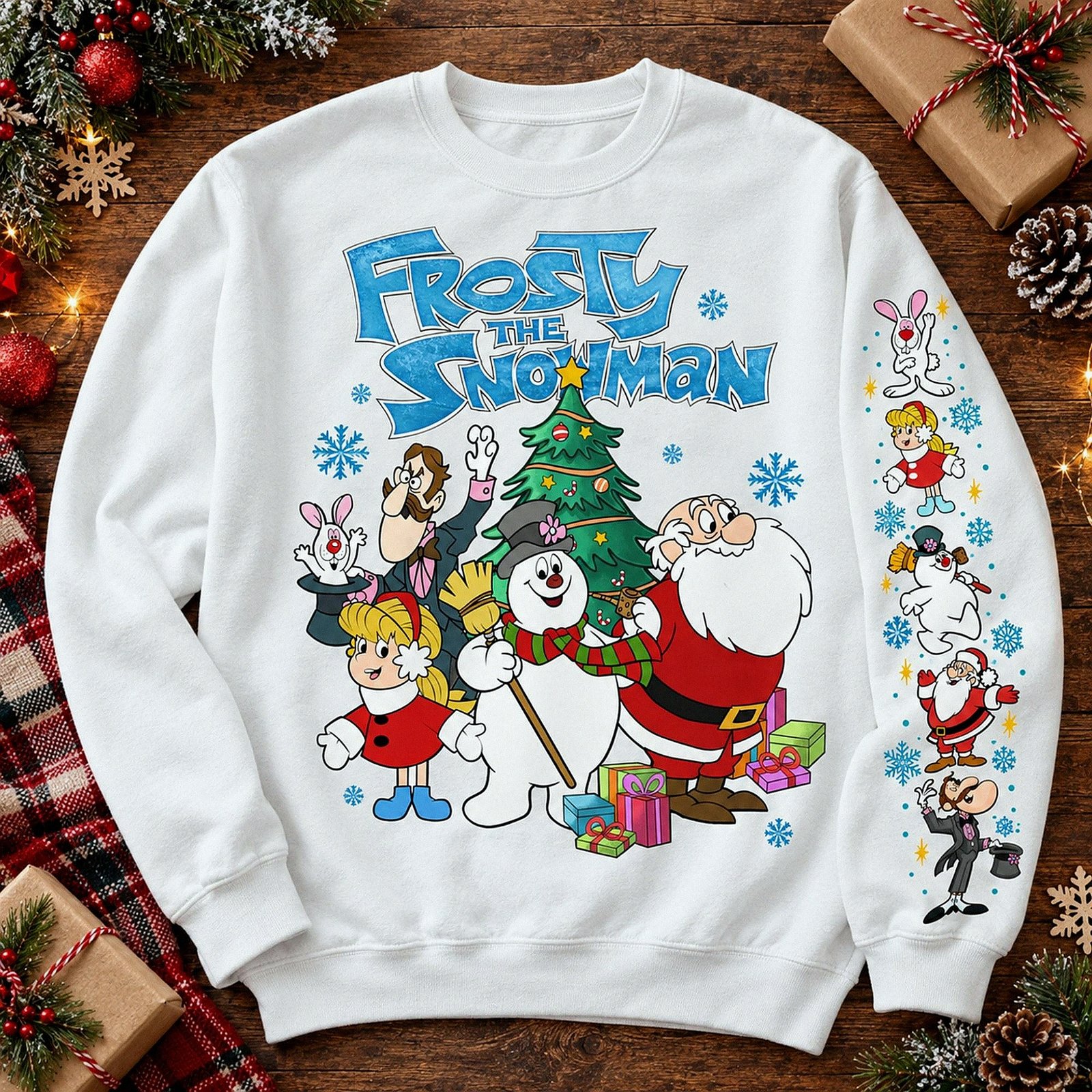 Black Frosty The Snowman Christmas sweatshirt with detailed sleeve print featuring Santa Claus and retro holiday characters