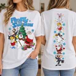 Black Frosty The Snowman Christmas sweatshirt with detailed sleeve print featuring Santa Claus and retro holiday characters