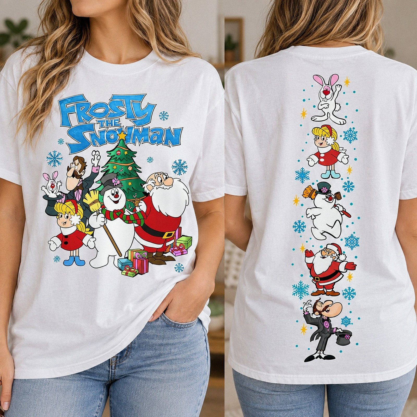 Black Frosty The Snowman Christmas sweatshirt with detailed sleeve print featuring Santa Claus and retro holiday characters