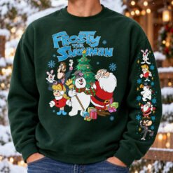 Black Frosty The Snowman Christmas sweatshirt with detailed sleeve print featuring Santa Claus and retro holiday characters