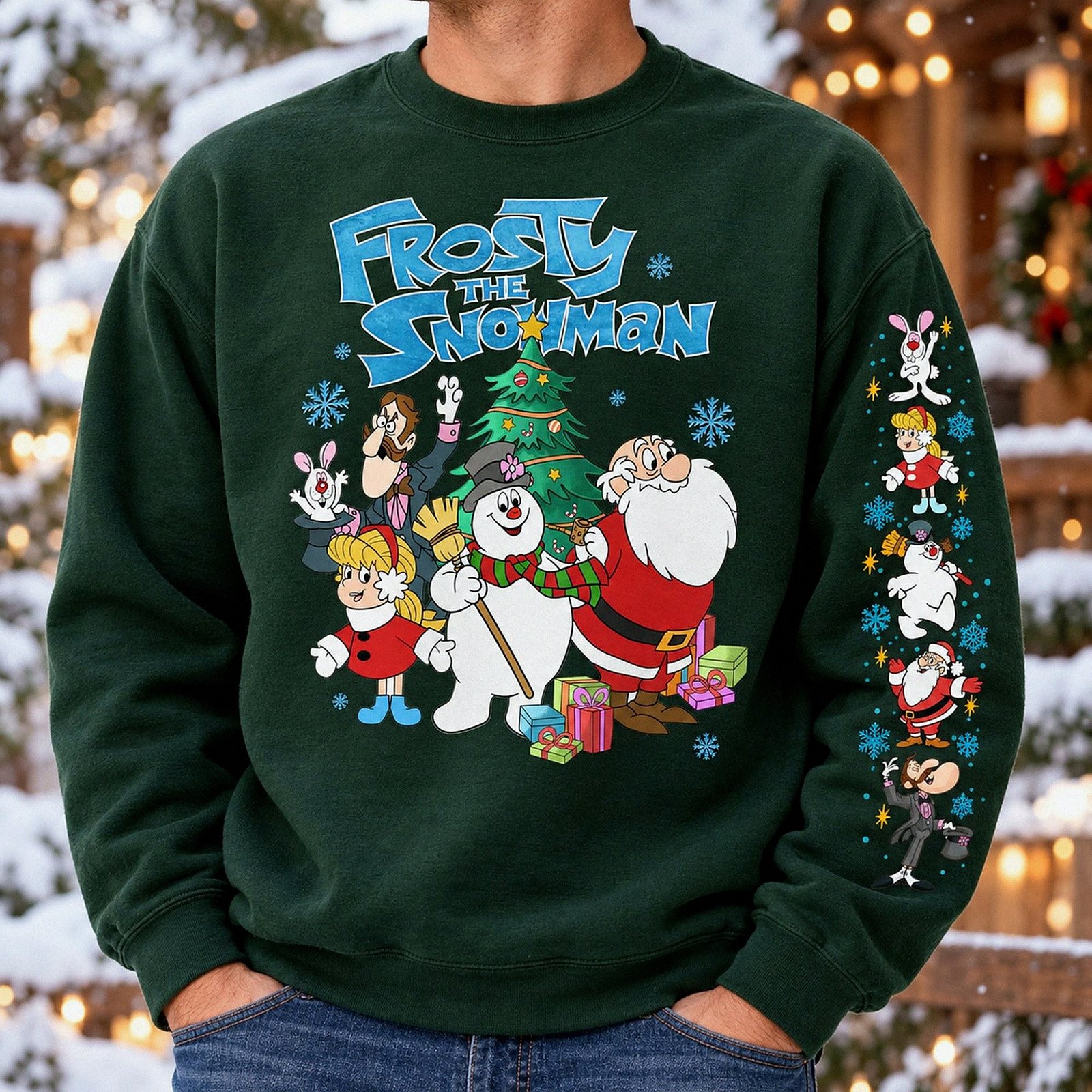 Black Frosty The Snowman Christmas sweatshirt with detailed sleeve print featuring Santa Claus and retro holiday characters