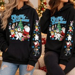 Black Frosty The Snowman Christmas sweatshirt with detailed sleeve print featuring Santa Claus and retro holiday characters