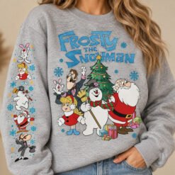 Black Frosty The Snowman Christmas sweatshirt with detailed sleeve print featuring Santa Claus and retro holiday characters