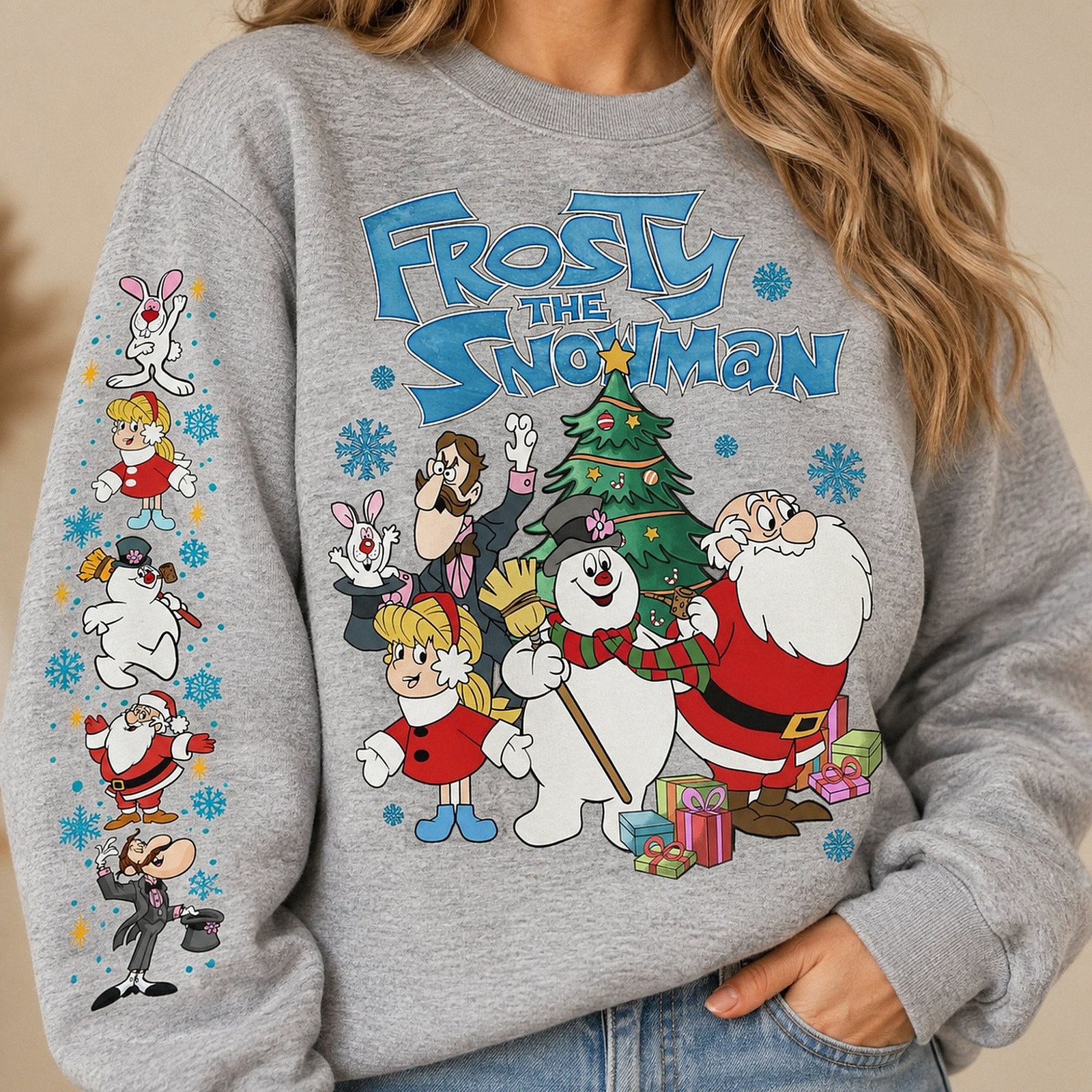 Black Frosty The Snowman Christmas sweatshirt with detailed sleeve print featuring Santa Claus and retro holiday characters