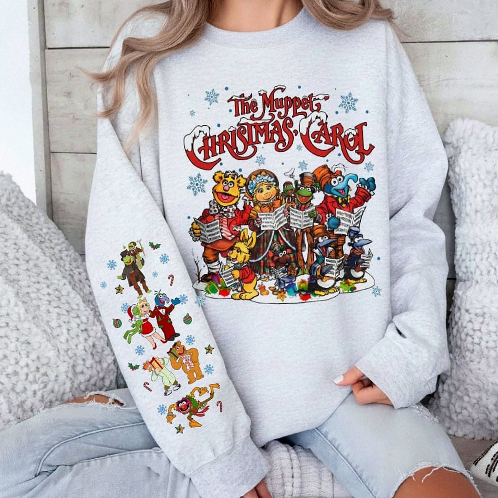 Light grey The Muppet Christmas Carol vintage sweatshirt featuring Kermit and friends front graphic and festive character sleeve print