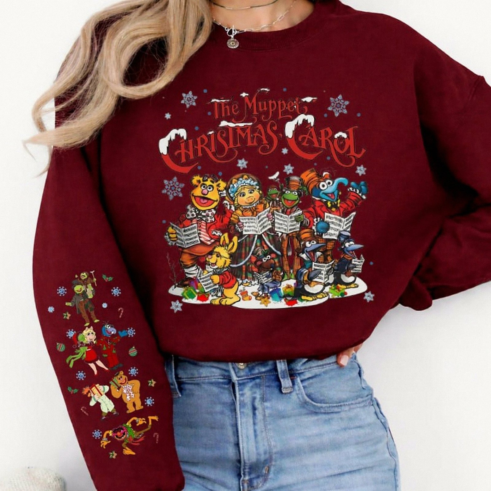 Light grey The Muppet Christmas Carol vintage sweatshirt featuring Kermit and friends front graphic and festive character sleeve print